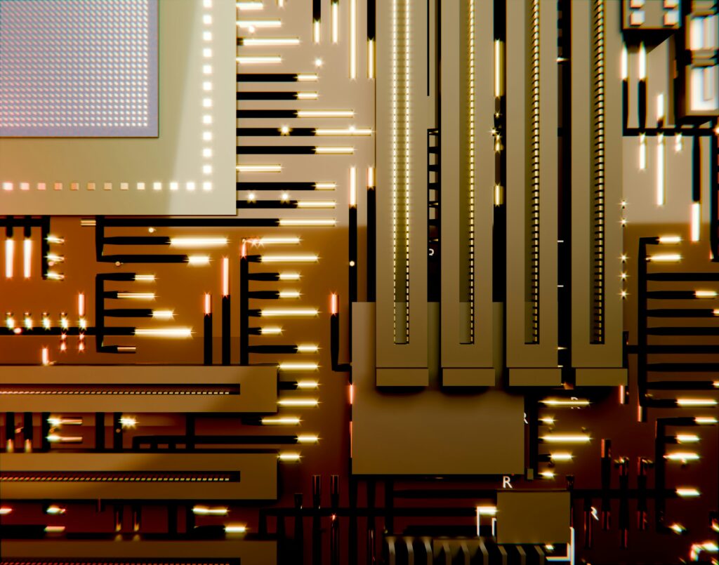 Primo piano di una scheda elettronica dorata con circuiti illuminati e microchip incandescenti, che rappresenta la potenza di calcolo e l'infrastruttura hardware per l'intelligenza artificiale enterprise.